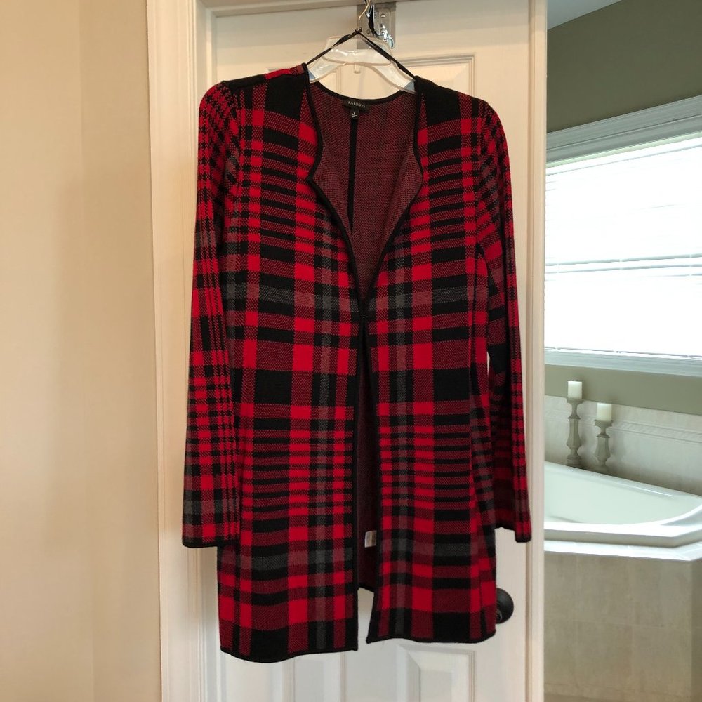 Talbots red and black plaid sweater jacket.